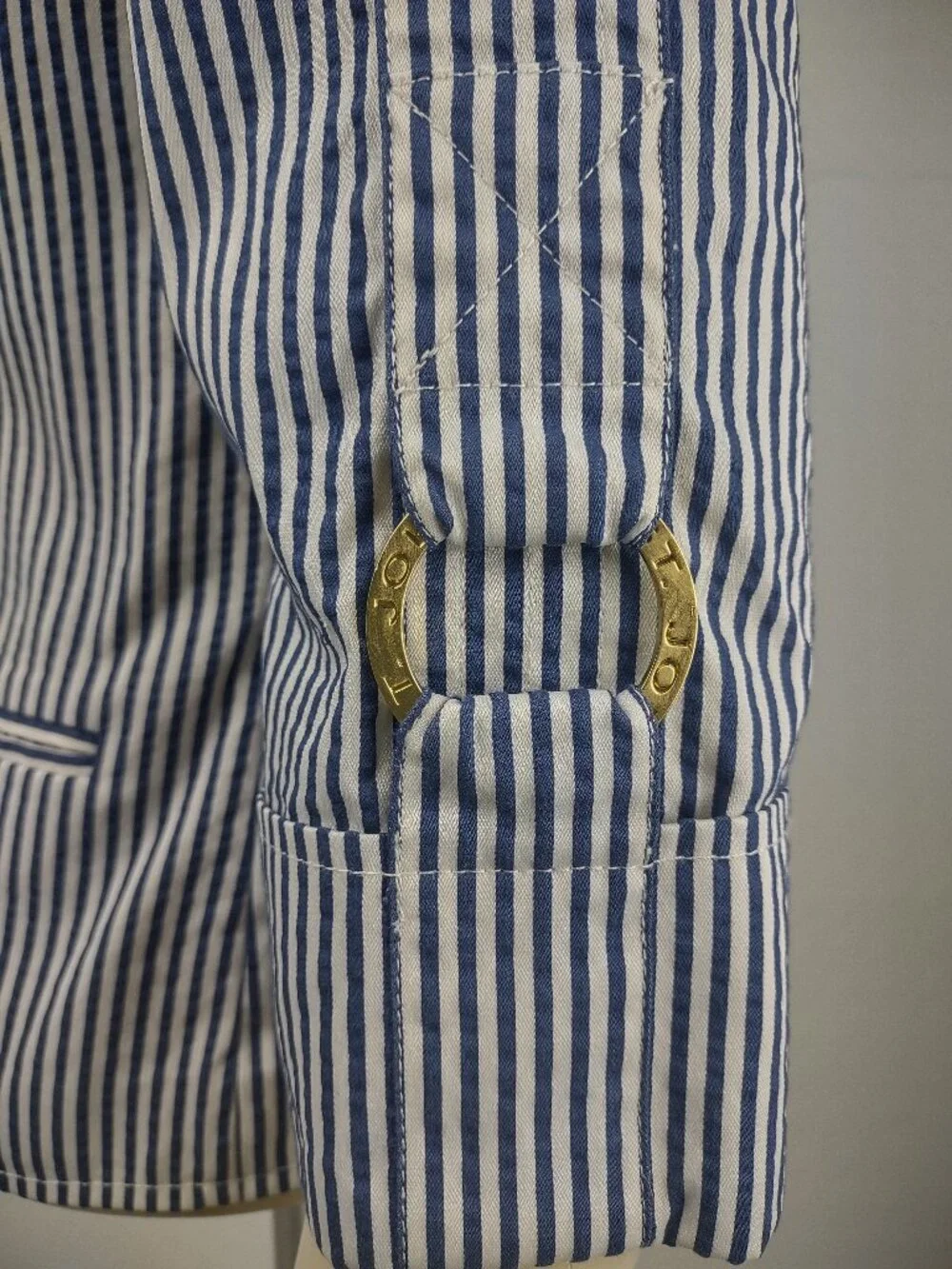 St. John blue white striped tabbed sleeve button front blazer jacket womens 4 - Picture 8 of 10